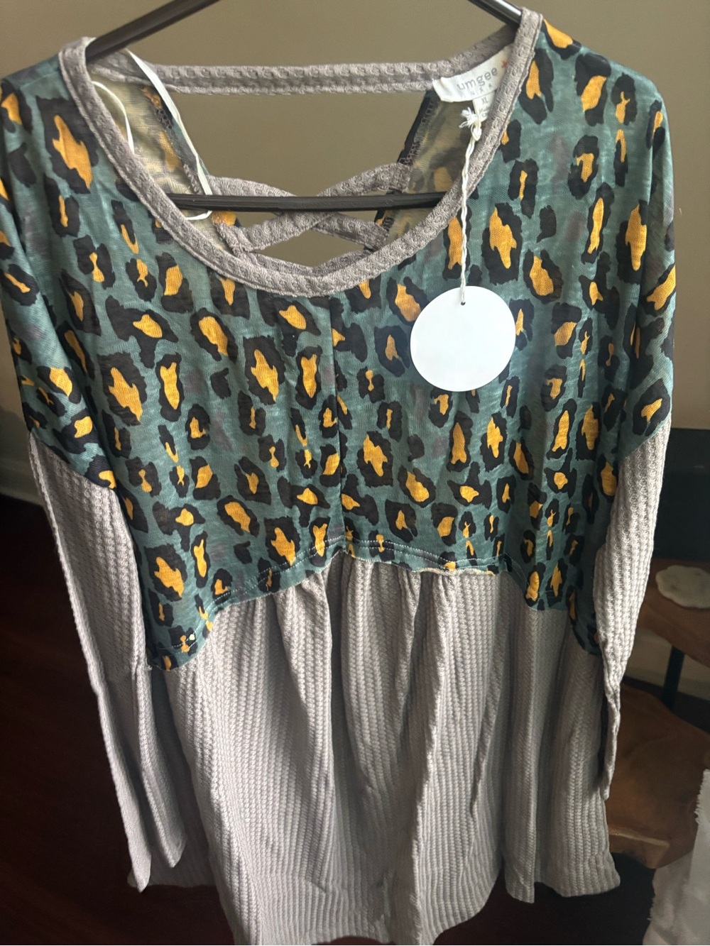 Umgee Green & Mustard Leopard Print Waffle-Knit Tunic